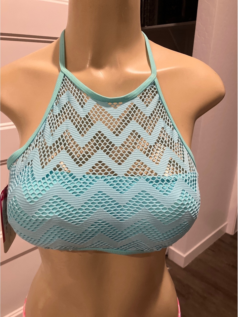 Light Blue Mesh High Neck Bikini Top with Zigzag Pattern